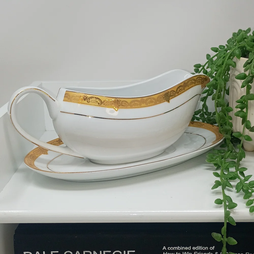 Elegant Gold & White Porcelain Gravy Boat with Underplate